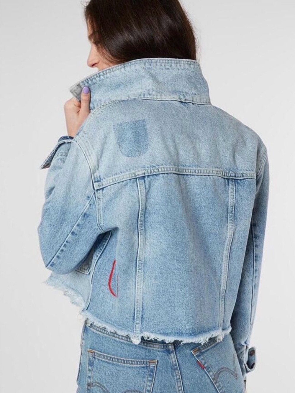 Free People-Light Wash Distressed Denim Jacket - Chic Cropped Style - Picture 4 of 16